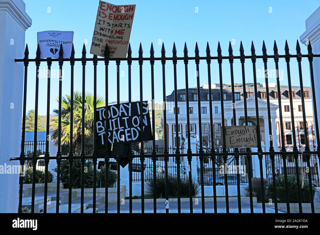 Left over signs from a women's march against gender-based violence and femicide that took place in Cape Town ,South Africa on 6 September 2019. Stock Photo