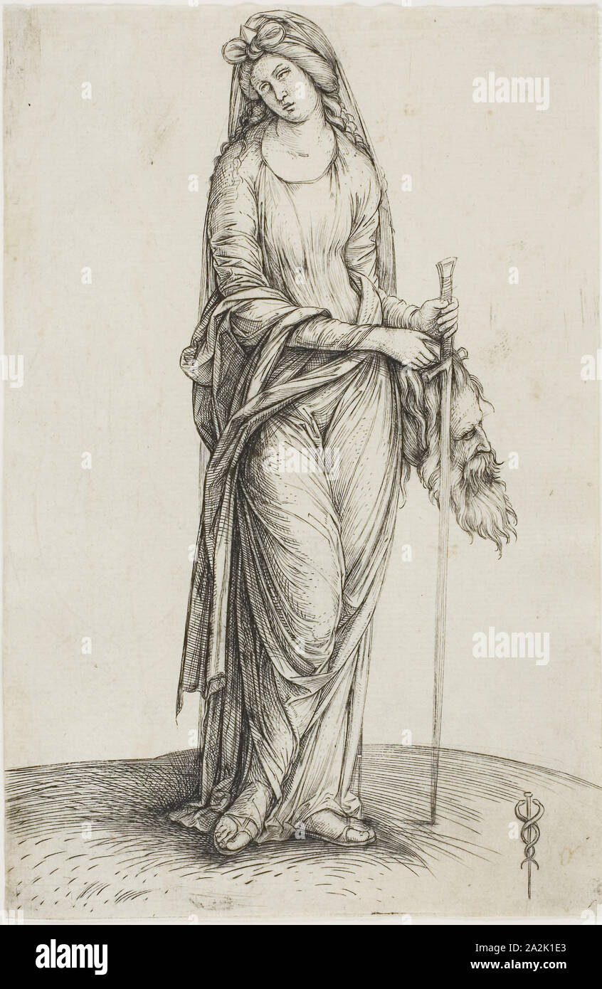 Judith Holding the Head of Holofernes, c. 1498, Jacopo de’ Barbari, Italian, 1460/70-before July 1516, Italy, Engraving in black on ivory laid paper, 182 x 120 mm (image/sheet, trimmed within plate mark Stock Photo
