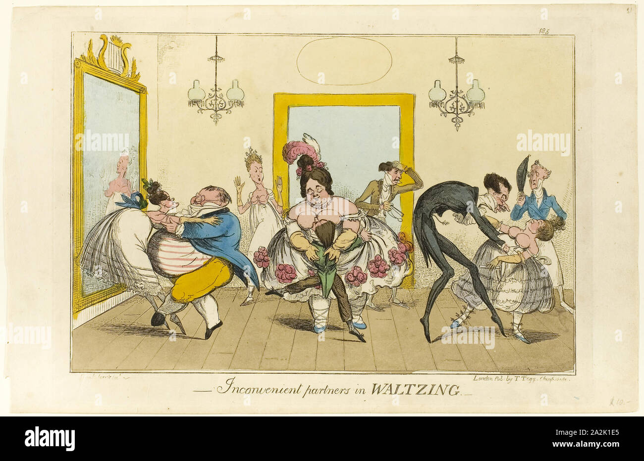 Inconvenient Partners in Waltzing, 1817/19, Isaac Robert Cruikshank (English, 1789-1856), published by Thomas Tegg (English, 1776-1846), England, Hand-colored etching on paper, 222 × 328 mm (image), 250 × 359 mm (plate), 267 × 410 (sheet Stock Photo