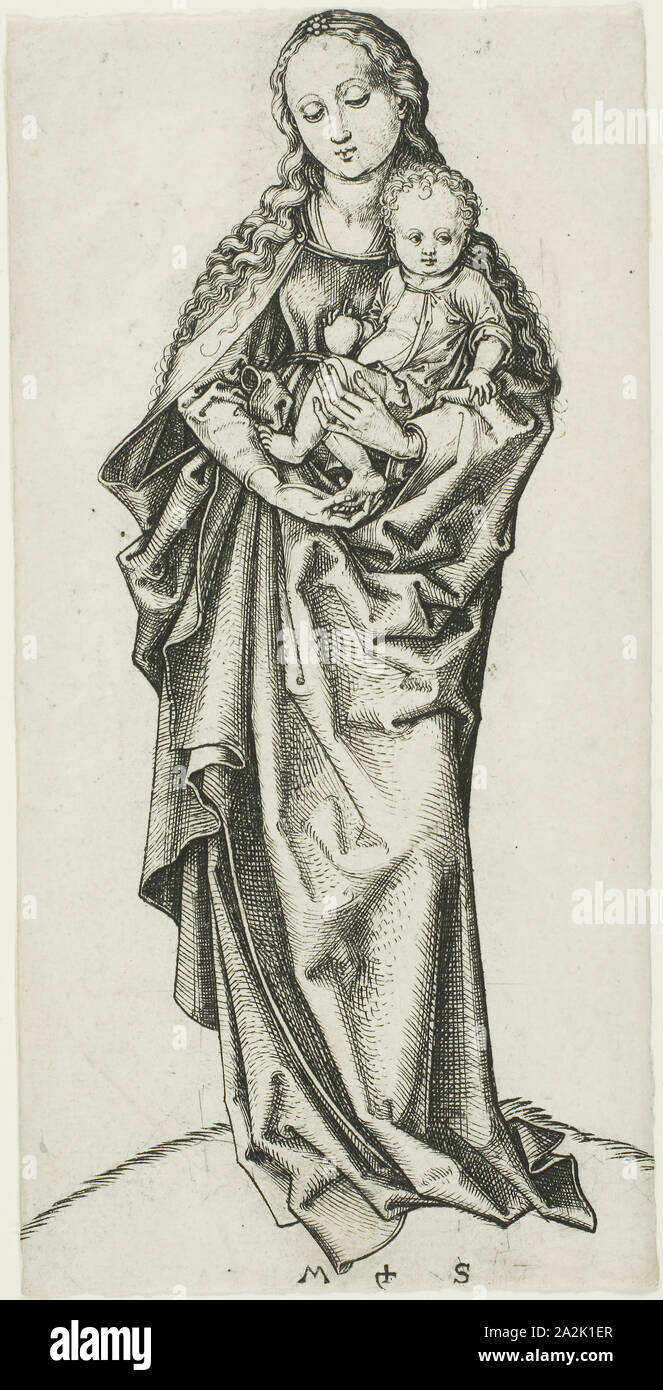 The Madonna and Child with an Apple, c. 1475, Martin Schongauer, German, c. 1450-1491, Germany, Engraving on paper, 162 × 81 mm Stock Photo