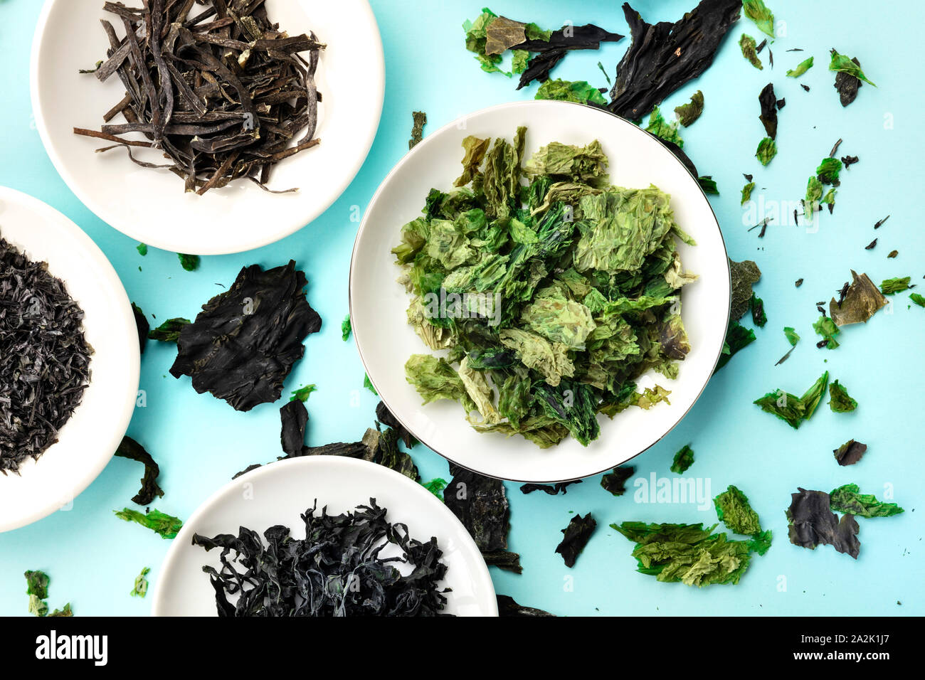 Dry seaweed, sea vegetables, top shot on a light blue background Stock Photo