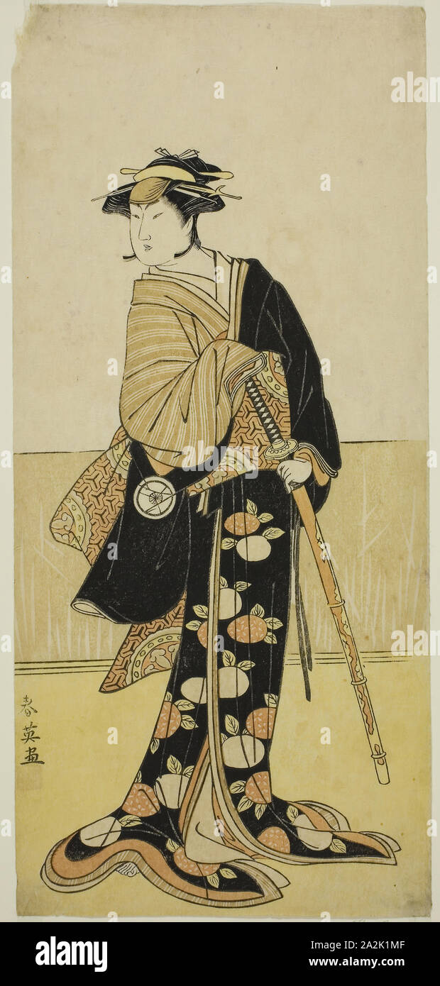 The Actor Iwai Hanshiro IV as Tonase (?) in the Play Kanadehon Chushingura (?), Performed at the Kiri Theater (?) in the Eighth Month, 1787 (?), c. 1787, Katsukawa Shun’ei, Japanese, 1762-1819, Japan, Color woodblock print, hosoban, 32.7 x 14 cm (12 7/8 x 5 1/2 in Stock Photo