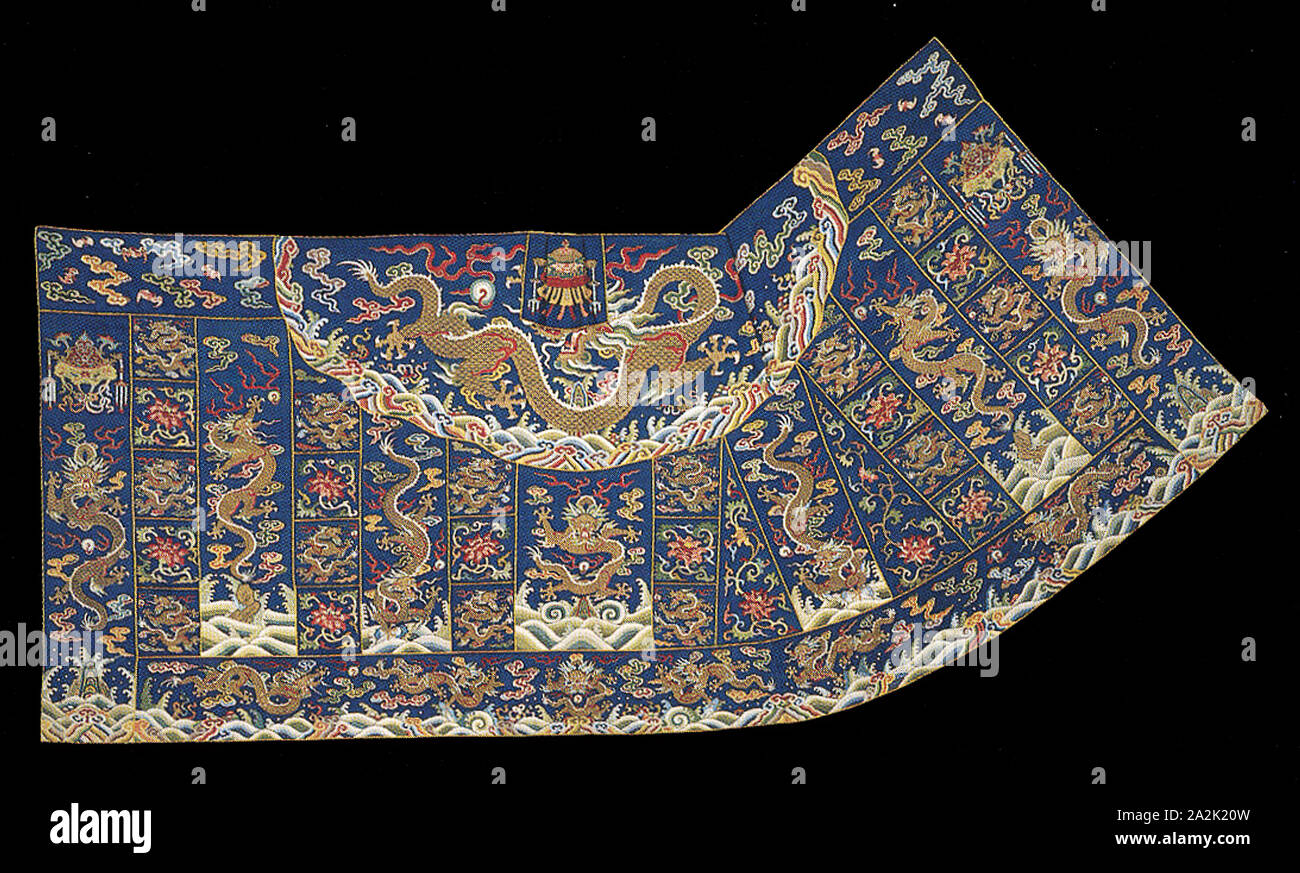 Jiasha (Mantle), Qing dynasty (1644–1911), 1700/50, Han-Chinese, China, Silk and gold-leaf-over-lacquered-paper-strip-wrapped silk, slit tapestry weave with interlaced outlining wefts, pieced, painted details, edged with silk, warp-float faced 4:1 satin weave, lined with silk, plain weave, 152.3 × 283.3 cm (60 × 111 1/2 in Stock Photo