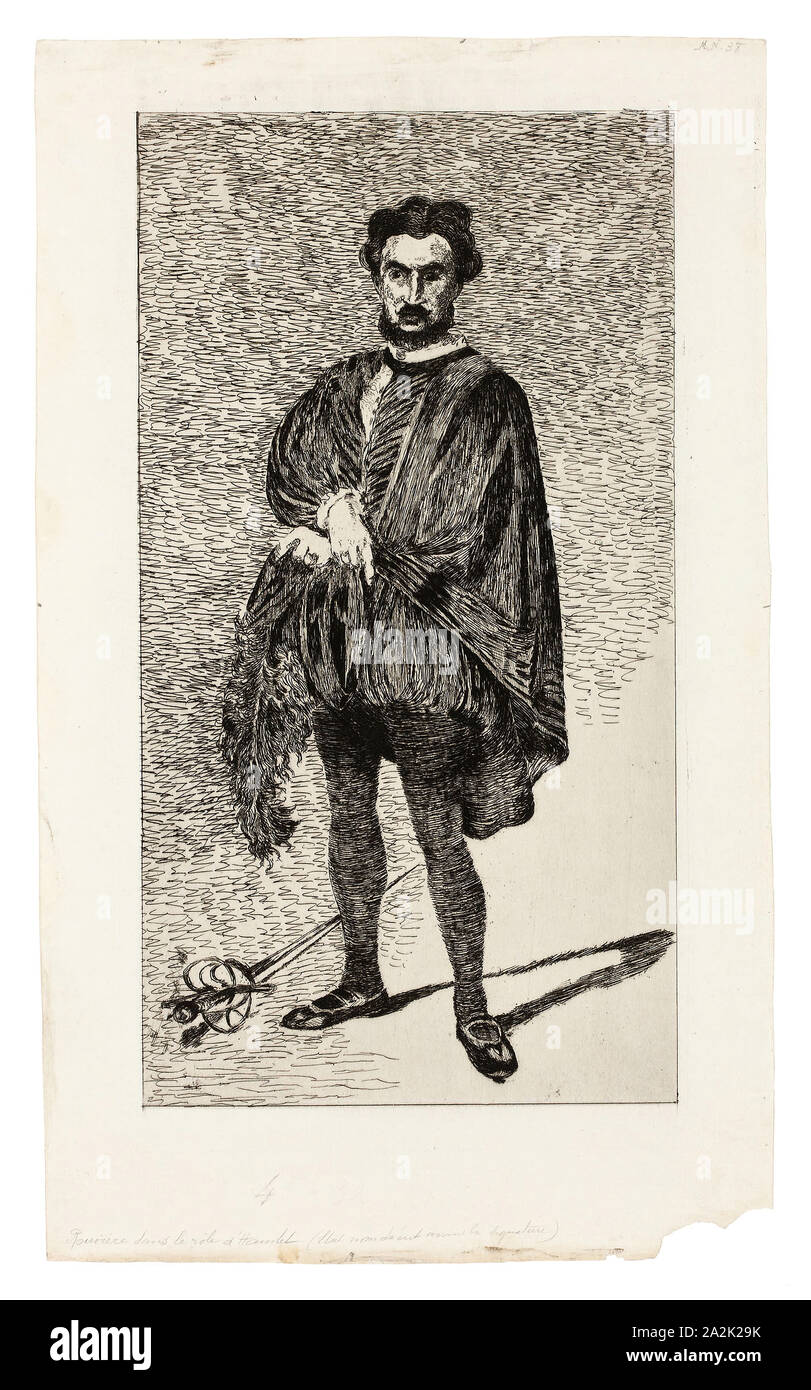 The Tragic Actor (Rouvière in the role of Hamlet), 1865–66, Édouard Manet, French, 1832-1883, France, Etching and plate tone in black on ivory laid paper, 299 × 161 mm (image), 326 × 178 mm (plate), 369 × 221 mm (sheet Stock Photo