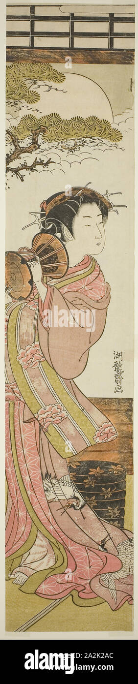 Courtesan Playing a Hand Drum, c. 1775, Isoda Koryusai, Japanese, 1735-1790, Japan, Color woodblock print, hashira-e, 23 1/4 x 4 1/4 in Stock Photo