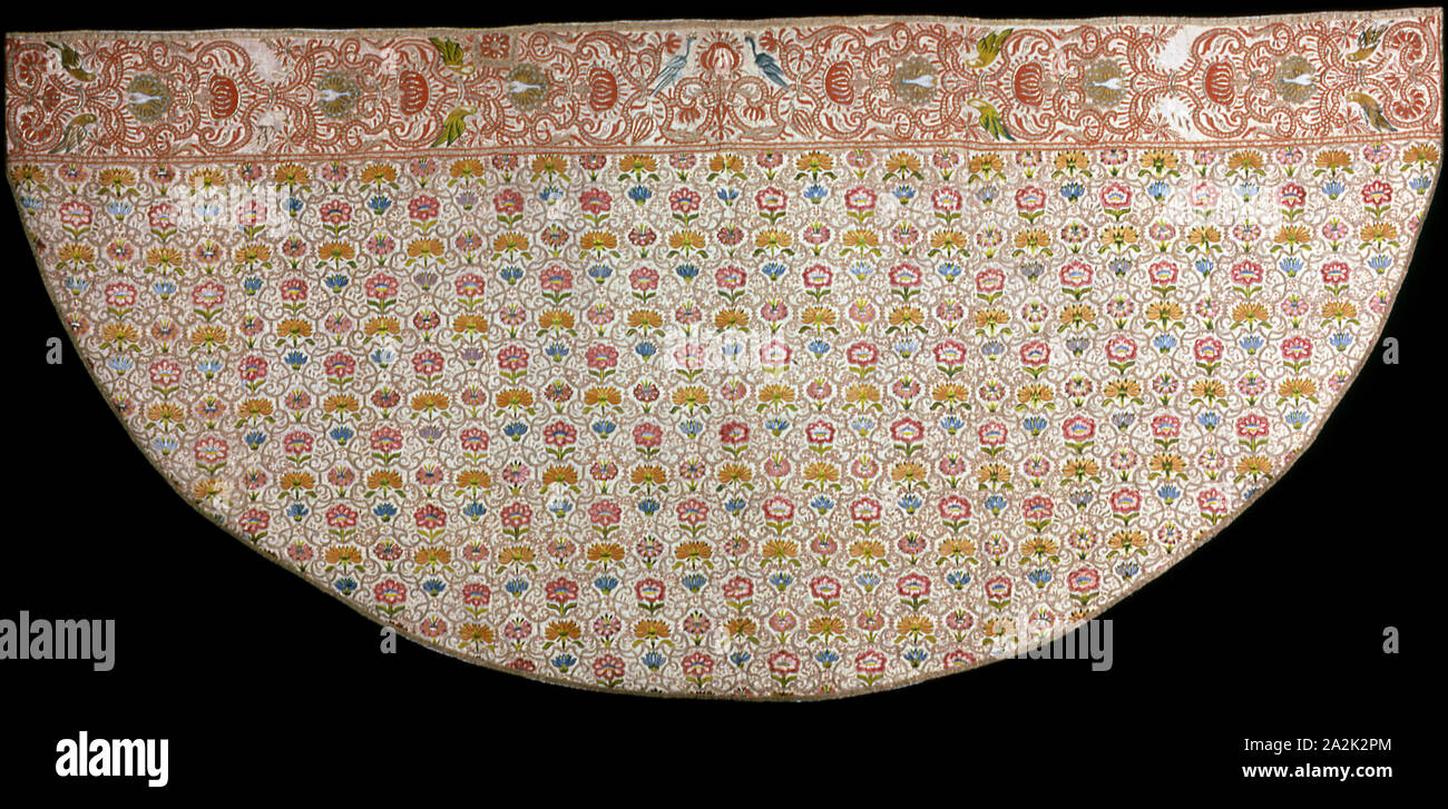 Cope, 1601/75, Italy or Sicily, Italy, Silk, satin weave, underlaid with linen, plain weave, embroidered with silk, gilt-metal-strip-wrapped silk and gilt-metal-strips in crossed back, running, satin, and split stitches, laid work, couching, and padded couching, beaded with coral beads, edged with woven tapes, 135.4 x 289.7 cm (53 3/8 x 114 1/8 in Stock Photo
