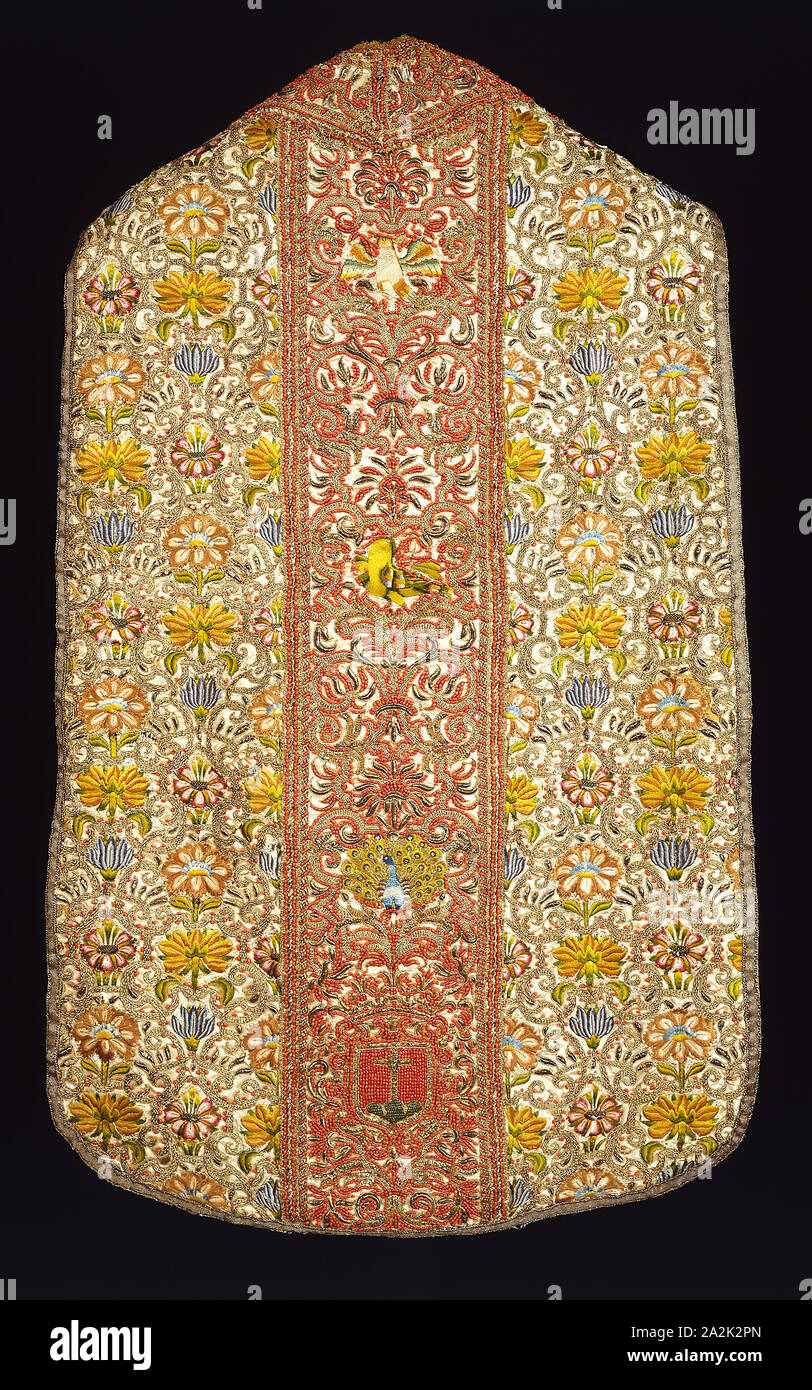 Chasuble, 1601/75, Probably Italy or Sicily, Italy, Silk, warp-float faced satin weave, underlaid with linen, plain weave, embroidered with linen, silk, gilt-metal strips, and gilt-metal-strip-wrapped silk in satin and split stitches, laid work, couching, padded couching, beaded with coral beads, edged with gilt-metal strip and gilt-metal-strip-wrapped silk, twill and plain weaves, lined with silk, plain weave, 113.5 x 66.8 cm (44 5/8 x 26 1/4 in Stock Photo