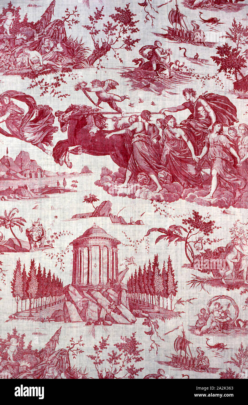 Le Char de l’Aurore (The Chariot of Dawn) (Furnishing Fabric), 1785/89, After works by Guido Reni (Italian, 1575–1642) and other artists, Manufactured by Petitpierre et Cie. (French, 1760-1791), France, Nantes, Nantes, Cotton, plain weave, copperplate printed, a: 175.3 x 140.4 cm (69 x 55 1/4 in Stock Photo