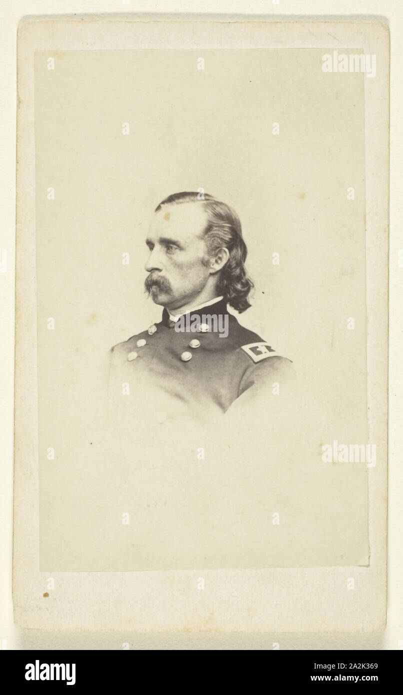 General George Armstrong Custer, 1860/76, Brady’s National Photographic Portrait Galleries, American, 20th century, United States, Albumen print (carte-de-visite), 8.5 x 5.4 cm (image), 10 x 6.1 cm (paper Stock Photo