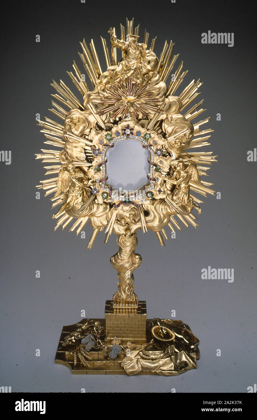 Monstrance, 1762, Joseph Moser, Austrian, active 1762, Vienna, Silver gilt, beveled glass surrounded by seimprecious red, green, blue stones and clear paste, H. 70.5 cm (27 3/4 in Stock Photo