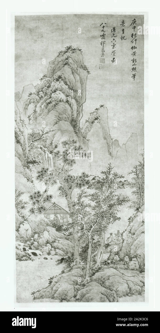 Landscape after Wang Meng, Qing dynasty (1644–1911), 1680, Qi Zhijia (祁豸佳), Chinese, 1594, after 1682, China, Hanging scroll, ink and light color on paper, 48 × 21 1/2 in Stock Photo