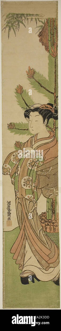 Courtesan in Front of New Year’s Decoration of Pine and Bamboo, c. early 1770s, Isoda Koryusai, Japanese, 1735-1790, Japan, Color woodblock print, hashira-e Stock Photo