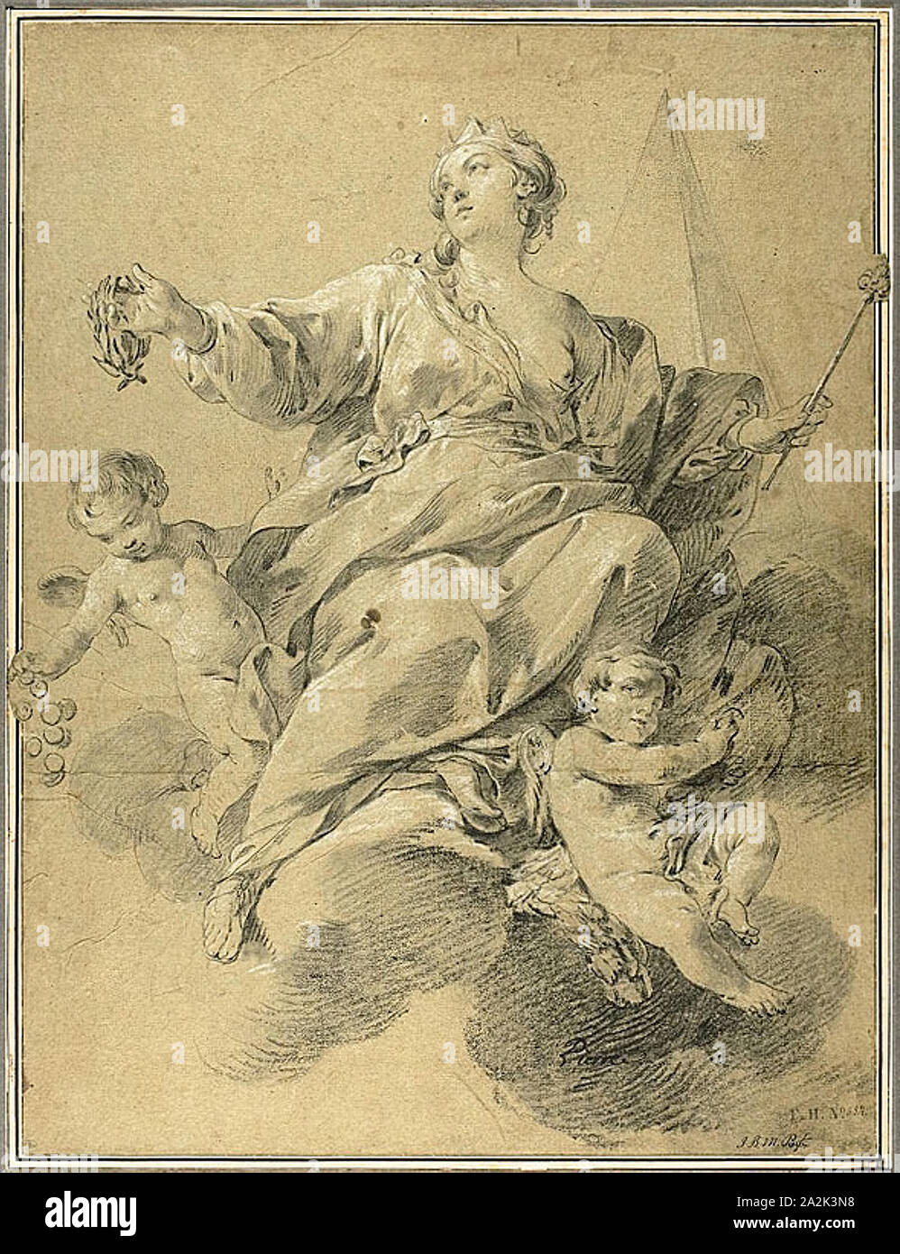 Allegory of Victory, 1770/80, Jean Baptiste Marie Pierre, French, 1713-1789, France, Black chalk, heightened with white on olive paper, 525 × 395 mm Stock Photo