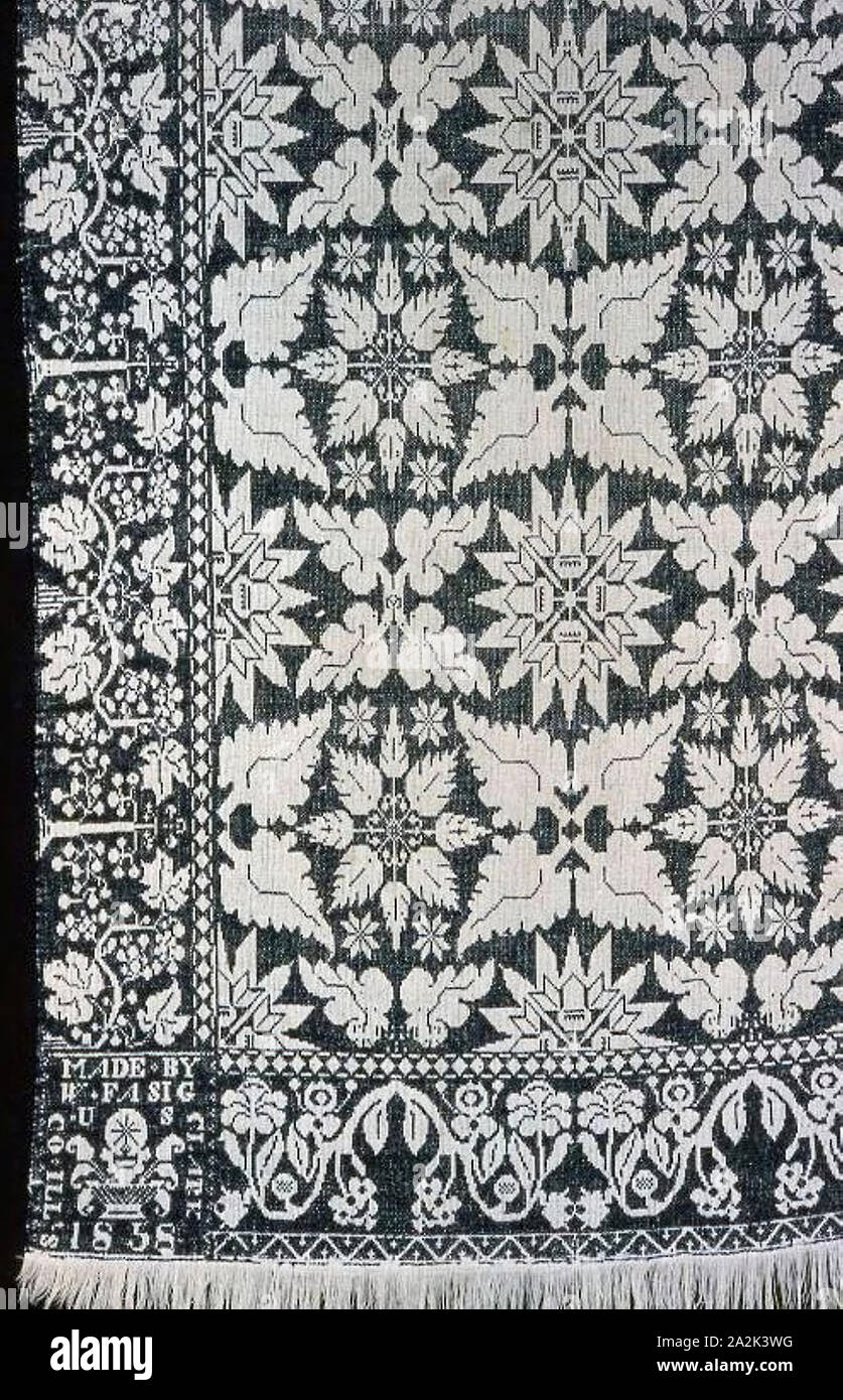 Coverlet, 1858, William Fasig (American, 1801-1885), United States, Illinois, Clark County, Illinois, Cotton and wool, plain weave with supplementary patterning wefts bound in plain interlacings with extended supplementary weft and main warp fringe, two loom widths joined, 232 x 187 cm (91 1/4 x 73 5/8 in Stock Photo