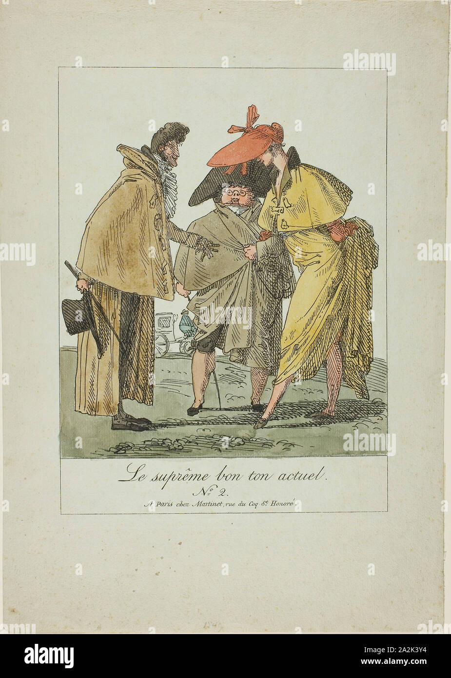 Plate Two from The Supreme Current Fashion, c. 1805, Pierre Nolasque Bergeret (French, 1782-1863), printed by chez Martinet (French, 19th century), France, Lithograph in black with hand-coloring on greenish-gray laid paper, 241 × 203 mm (image), 276 × 203 mm (imageand te×t), 391 × 278 mm (sheet Stock Photo