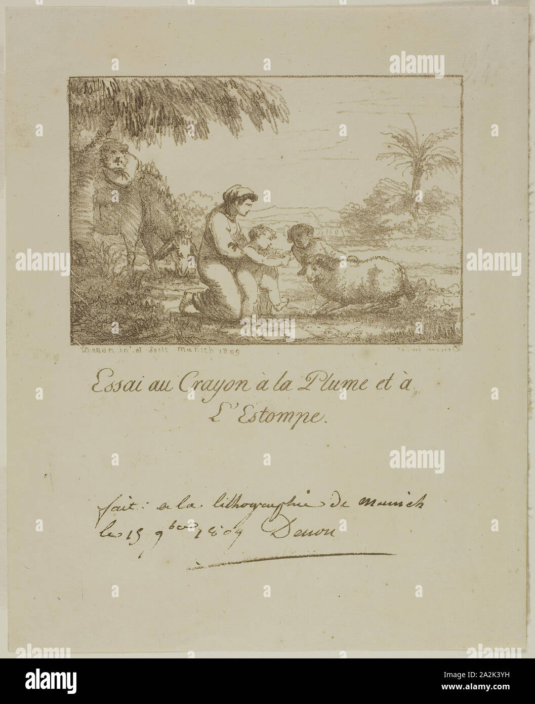 The Holy Family, 1809, Dominique-Vivant Denon, French, 1747-1825, France, Lithograph in brown on ivory laid paper, 96 × 141 mm (image), 230 × 187 mm (sheet Stock Photo