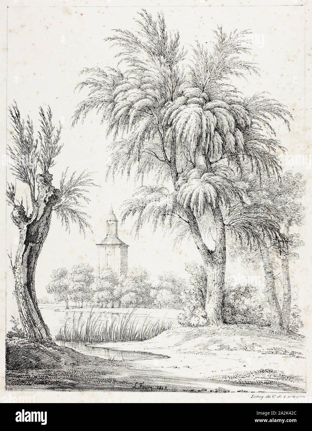 Landscape with Steeple, 1817, Louis Faure (French, 1785-1879), printed by Comte de Charles Philibert Lasteyrie du Saillant (French, 1759-1849), France, Lithograph in black on ivory wove paper, 284 × 221 mm (image), 384 × 273 mm (sheet Stock Photo