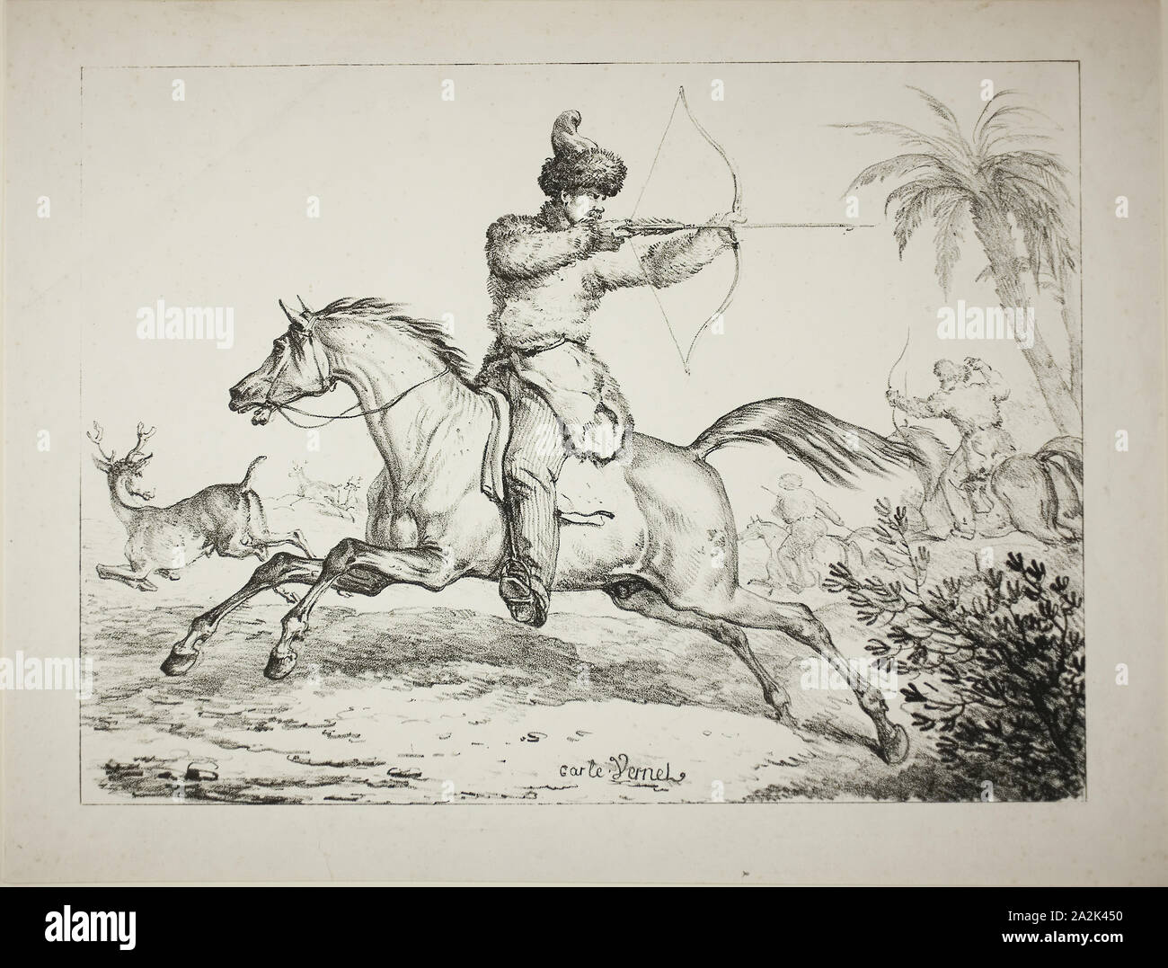 Kalmouk Archers Hunting Deer, c. 1820, Carle Vernet (French, 1758-1836), printed by Comte Charles Philibert de Lasteyrie (French, 1759-1849), France, Lithograph in black on ivory wove paper, 256 × 347 mm (image), 306 × 401 mm (sheet Stock Photo
