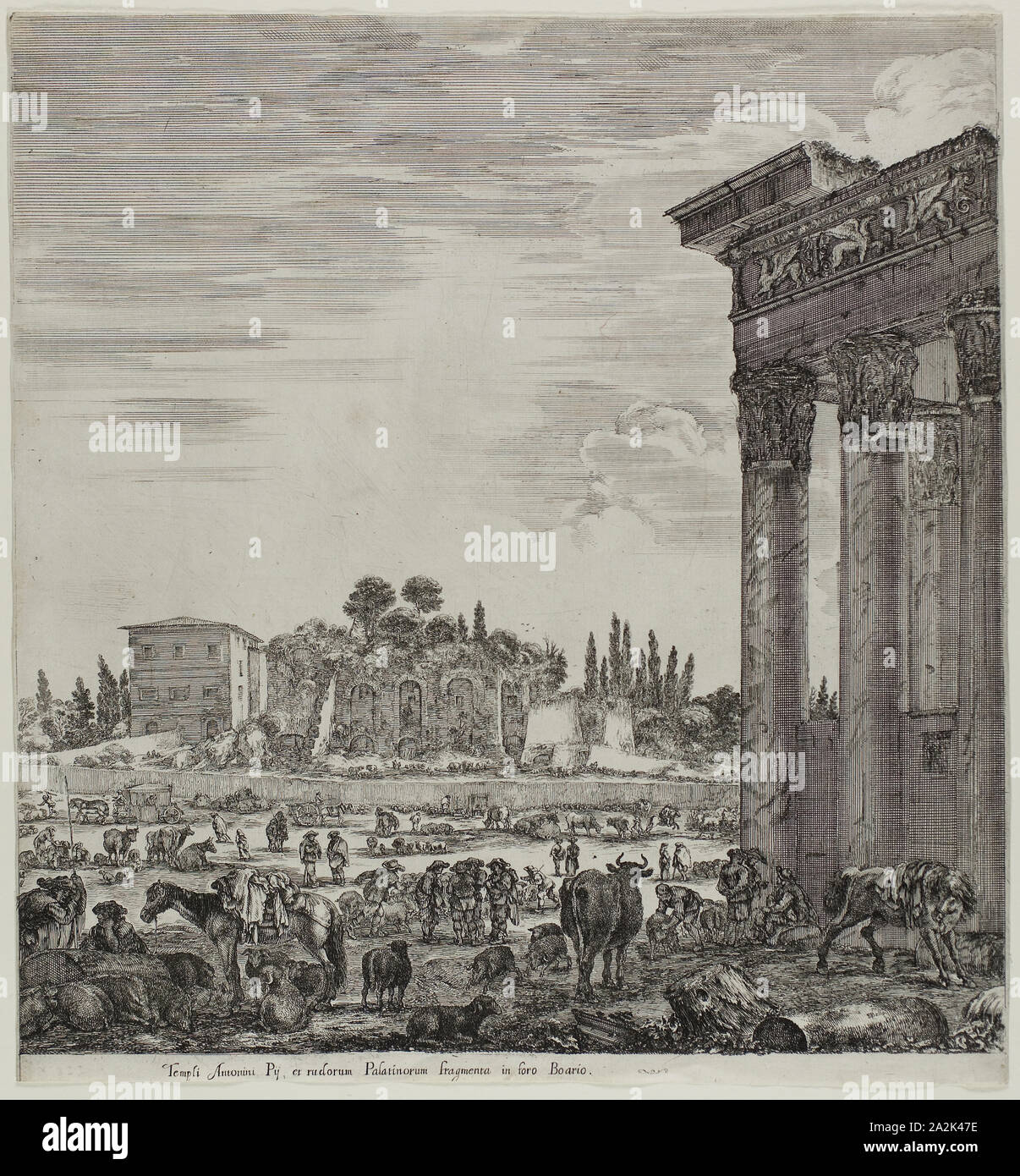 The Temple of Antonin and the Campo Vaccino, 1654, Stefano della Bella, Italian, 1610-1664, Italy, Etching on ivory laid paper, 298 x 277 mm (image), 298 x 280 mm (sheet Stock Photo