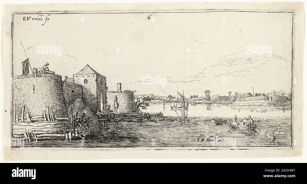 Ten Landscapes: Walled River Town to the Left of a River, 1615/16, Esaias van de Velde I, Dutch, c. 1587-1630, Holland, Engraving in black on ivory laid paper, 87 x 177 mm (image/plate), 97 x 187 mm (sheet Stock Photo