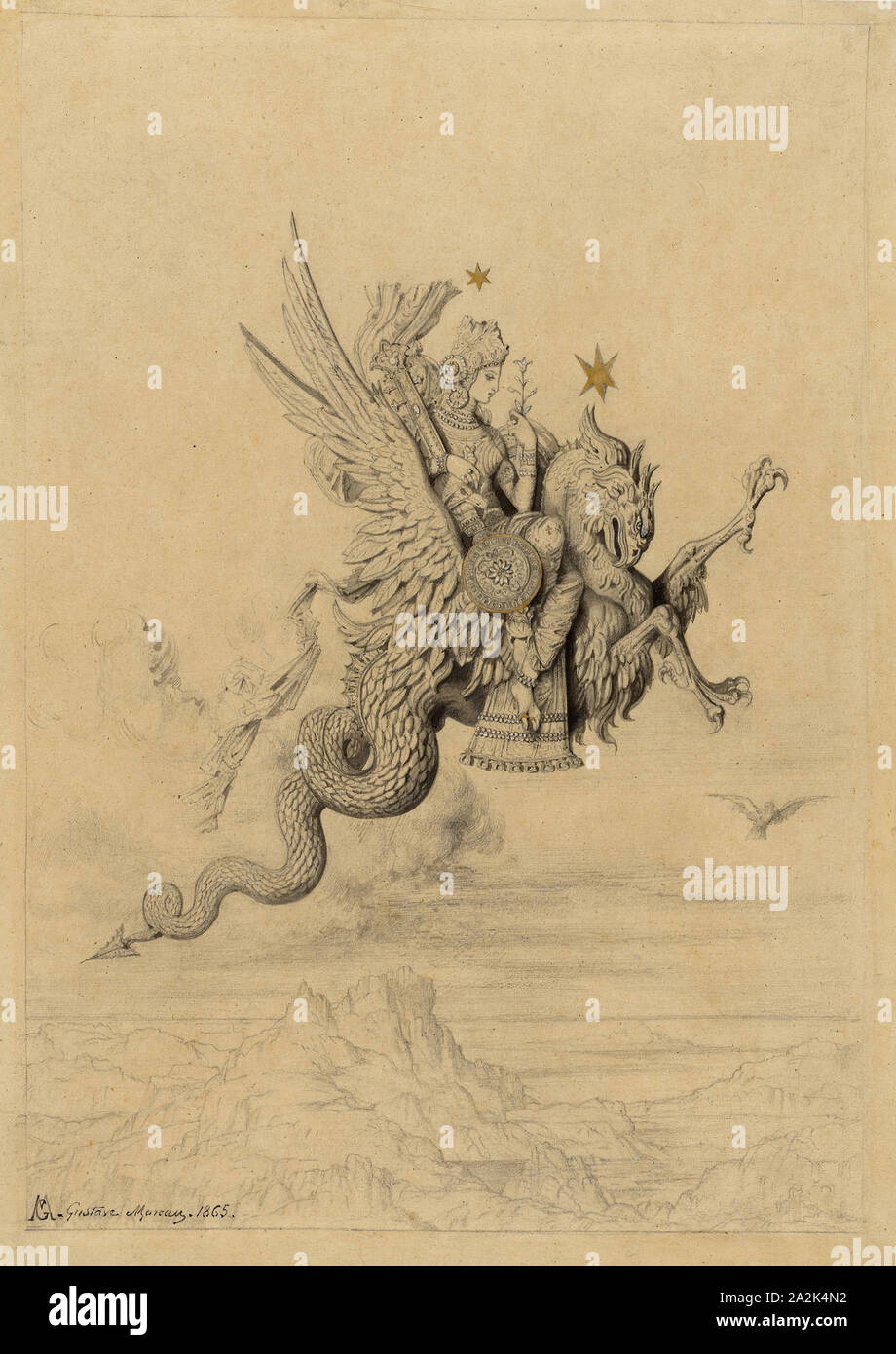 La Peri (Mythological Subject), 1865, Gustave Moreau, French, 1826-1898, France, Graphite, with brush and black ink, gray wash, and touches of gold metallic paint, heightened with traces of white gouache, on cream wove tracing paper, laid down on ivory wove paper, 357 × 255 mm Stock Photo