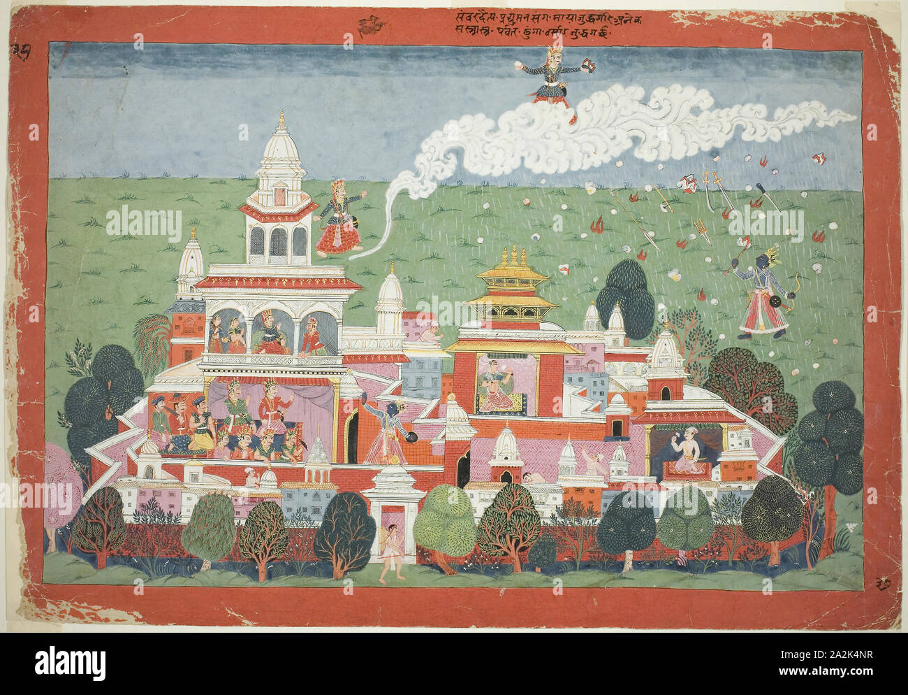 Pradyumna Enters the Palace of the Demon Sambar and Challenges him to Battle, page from a manuscript of the Bhagavata Purana, c. 1775, Nepal, Nepal, Opaque watercolor on paper, 36.2 x 52.7 cm (14 1/4 x 20 3/4 in Stock Photo