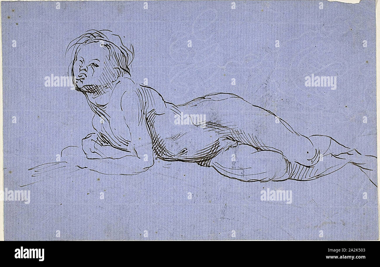 Young Boy Reclining, n.d., Jean Baptiste Carpeaux, French, 1827-1875, France, Pen and brown ink on blue laid paper, 135 × 210 mm Stock Photo