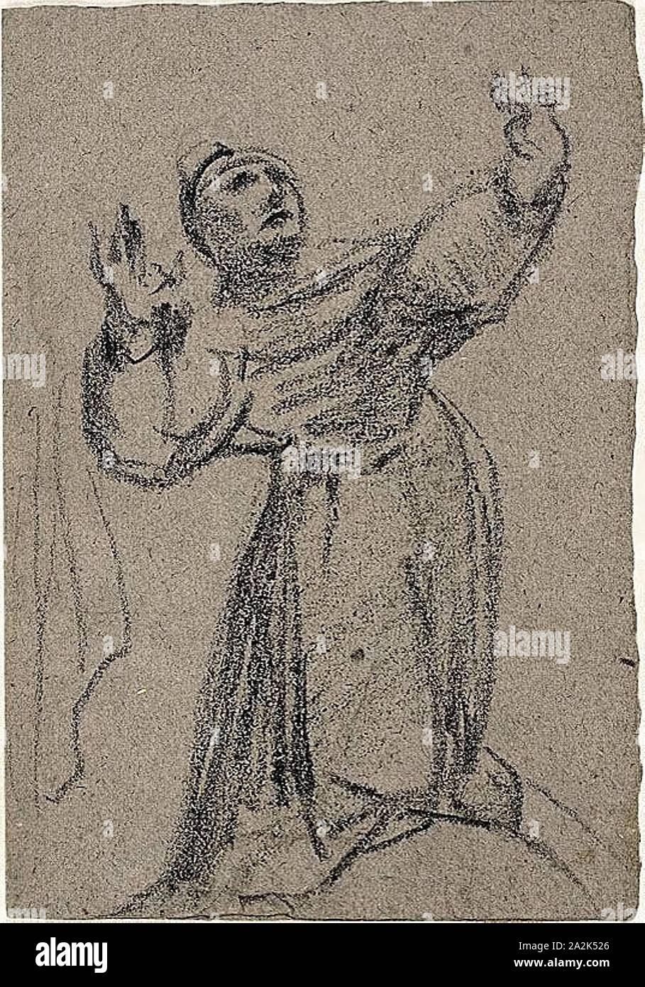 Kneeling Figure with Arms Raised, n.d., Jean Baptiste Carpeaux, French, 1827-1875, France, Black crayon on gray laid paper, 158 × 219 mm Stock Photo