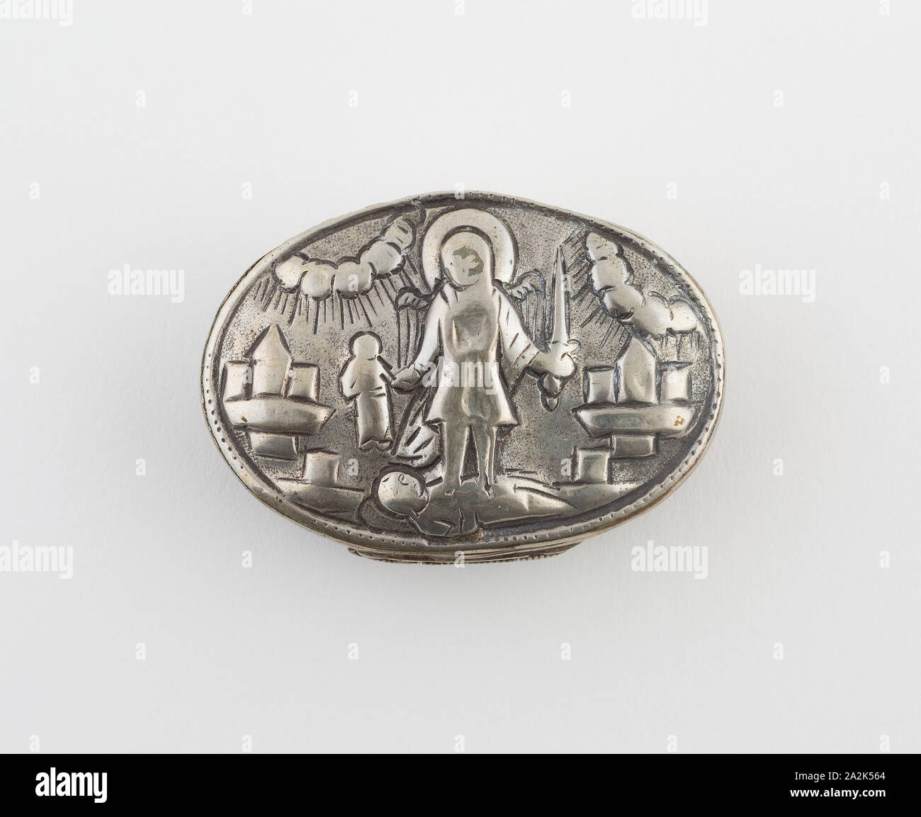 Snuffbox with Scene of St. Michael Triumphing Over the Devil, early 18th century, Continental Europe, Europe, Silver-plated brass, 5.1 × 3.2 cm (2 × 1 1/4 in Stock Photo