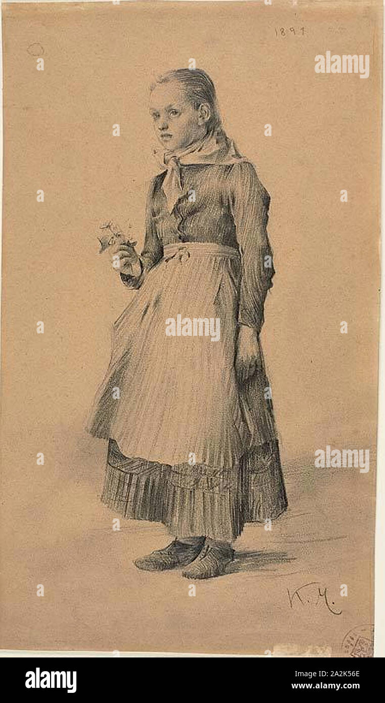 Girl in Peasant Dress (recto), Sheet of Sketches: Women and Girls (verso), 1891, Karel Vitezslav Masek, Czech, 1865-1927, Czech Republic, Graphite (recto and verso) on cream wove paper, 290 × 169 mm Stock Photo