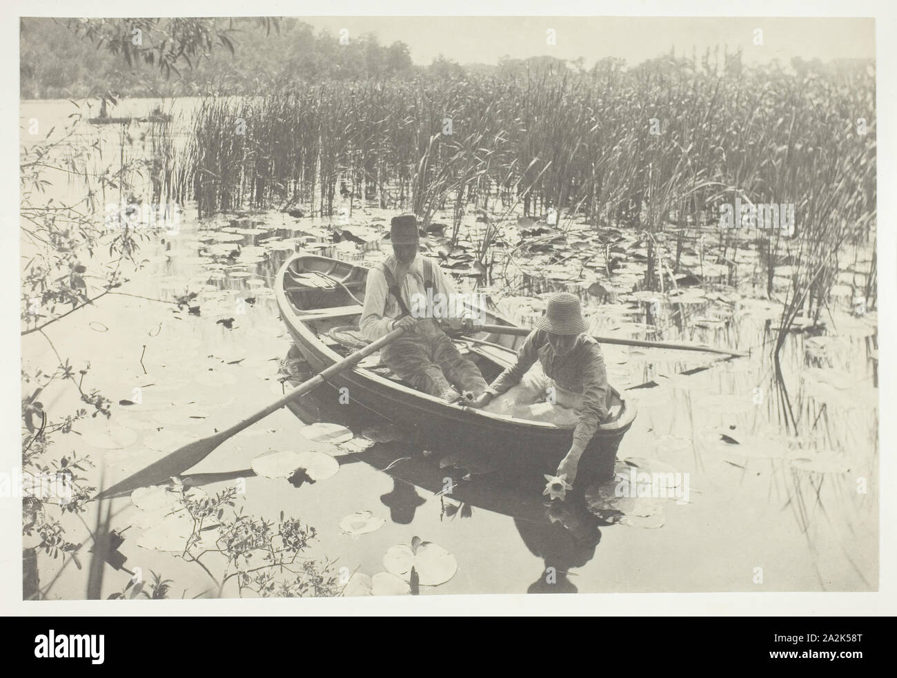 Gathering Water-Lilies, 1886, printed 1886, Peter Henry Emerson, English, born Cuba, 1856–1936, England, Platinum print, pl. IX from the album 'Life and Landscape on the Norfolk Broads' (1886), edition of 200, 19.7 × 29.1 cm (image/paper), 28.6 × 41 cm (album page Stock Photo