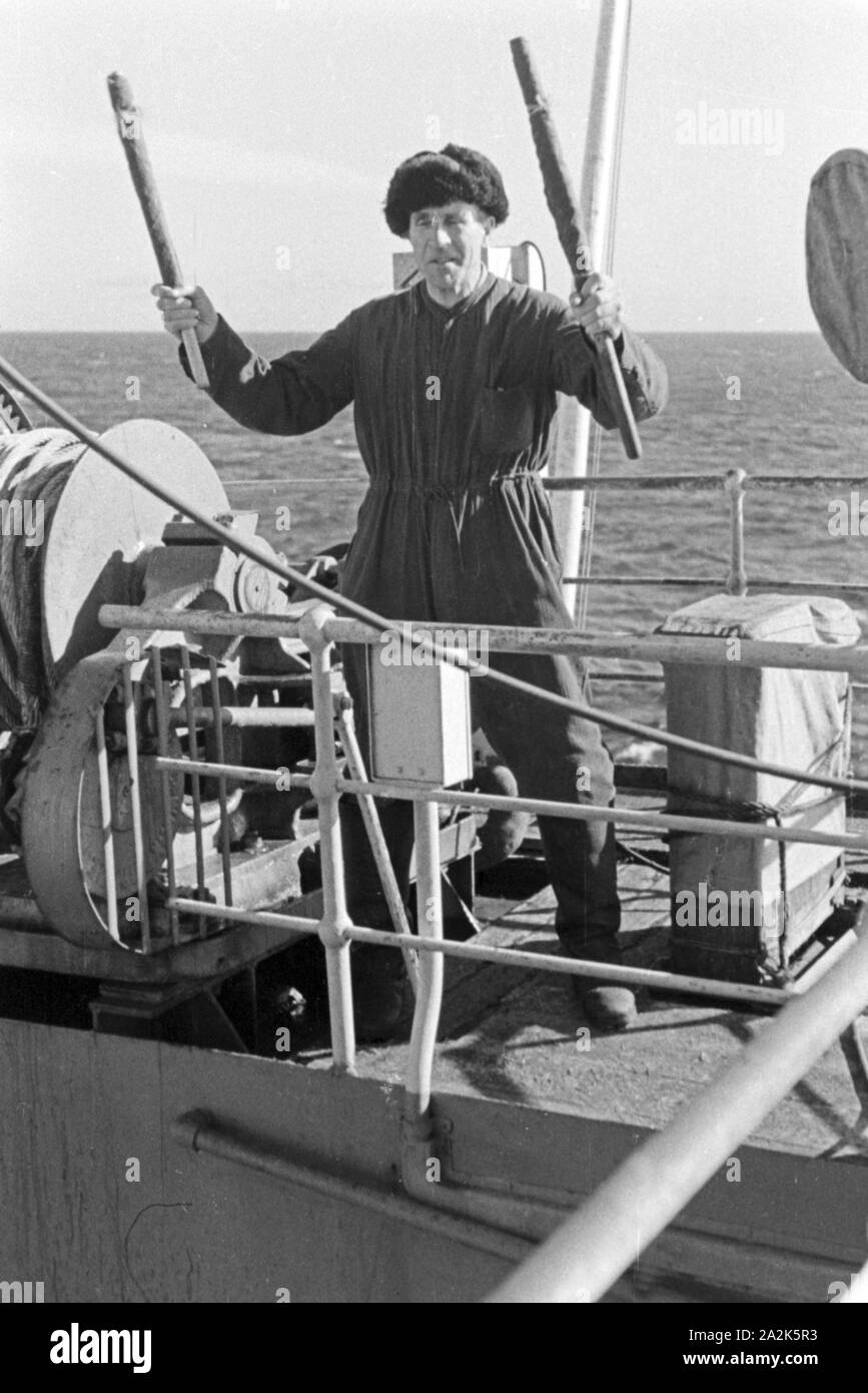 Mitglied der Besatzung auf einem Fabrikschiff der deutschen Walfangflotte, 1930er Jahre. Crew member of a factor vessel of the German whaling fleet, 1930s. Stock Photo