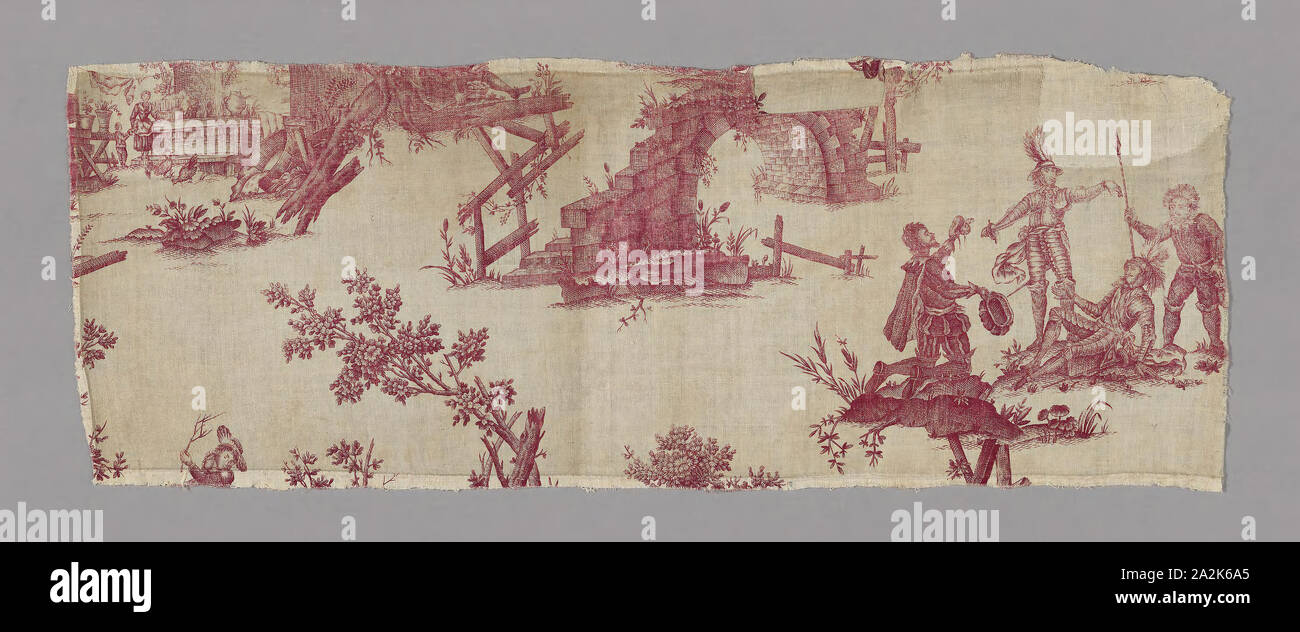 Don Quichotte (Don Quixote) (Furnishing Fabric), c. 1785, Possibly after design by Jean Jacques Lagrenèe le Jeune (French, 1739–1821) after engravings by Charles Nicolas Cochin l’Aîné (French, 1688–1754), Magdaleine Hortenels Cochin (French, 1683–1767), Jean Baptiste Haussard (French, 1679/80–1749), and Louis Silvestre l’Aîné (French, 1664–1740), Based on paintings by Charles Antoine Coypel (French, 1694–1752), France, Nantes, France, Cotton, plain weave, copperplate printed, 31.6 × 85.3 cm (12 3/8 × 33 1/2 in Stock Photo