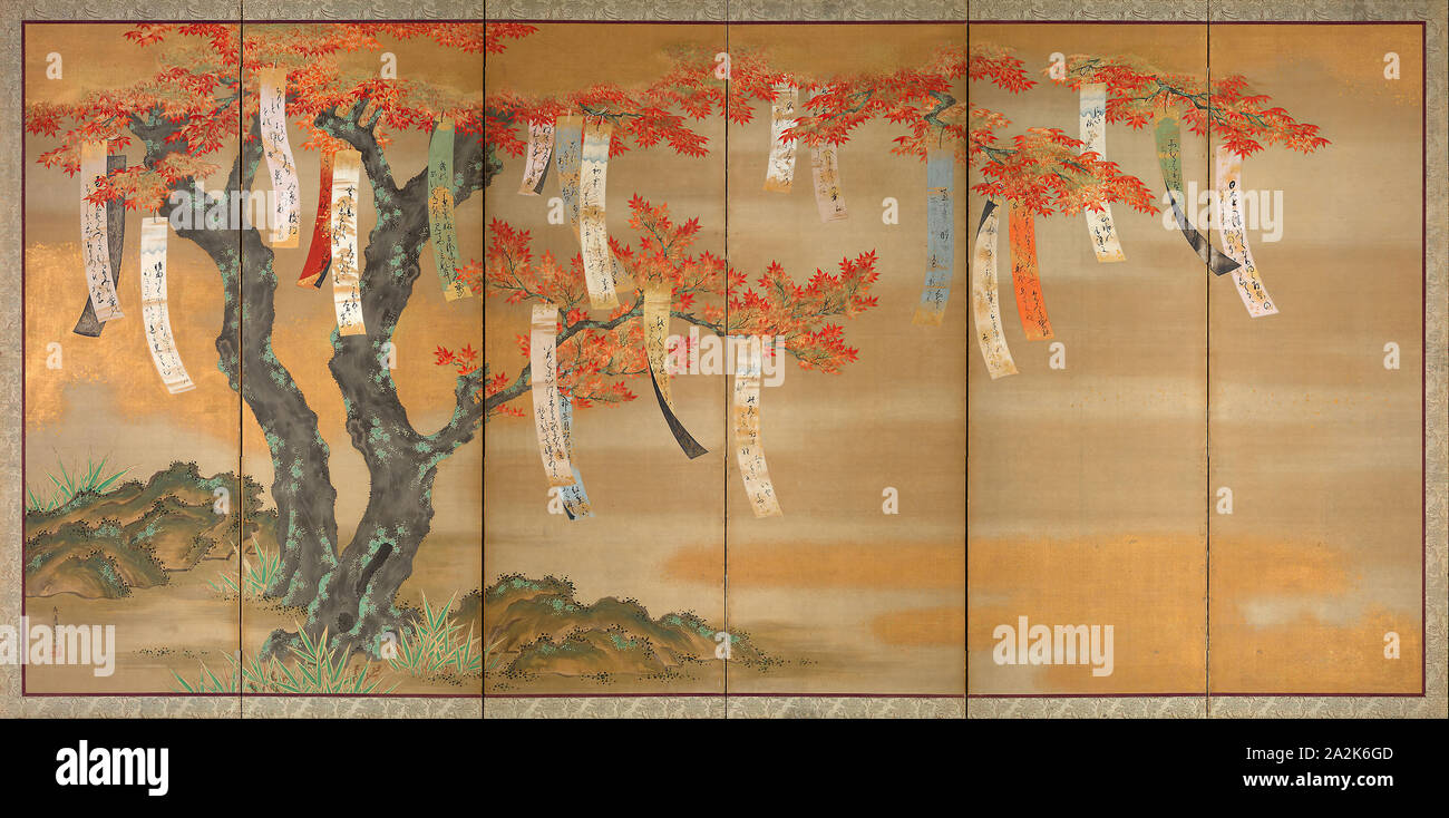 Flowering Cherry and Autumn Maples with Poem Slips, 1654/81, Tosa Mitsuoki, Japanese, 1617-1691, Japan, Pair of six-panel screens, ink, color, gold and silver on silk, Each 144 x 286 cm Stock Photo