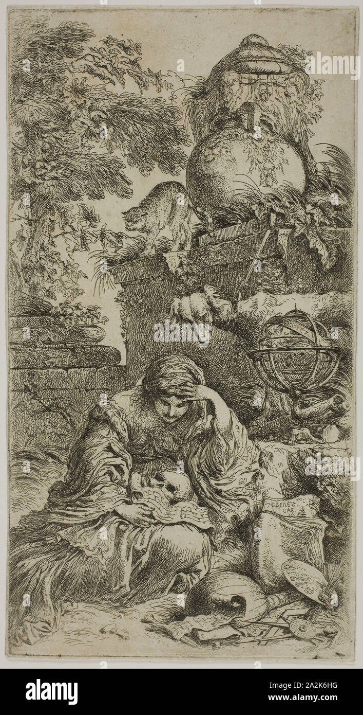 Melancholia, before 1647, Giovanni Benedetto Castiglione, Italian, 1609-1664, Italy, Etching on ivory laid paper, 217 x 117 mm (image/sheet, cut within plate Stock Photo