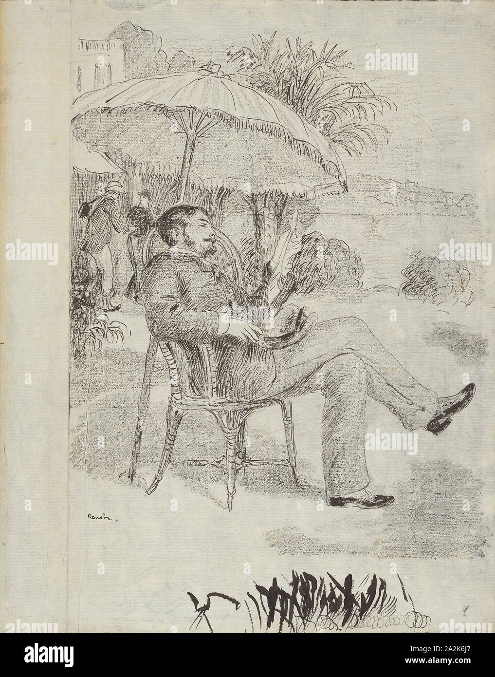 On the Terrace of a Hotel in Bordighera: The Painter Jean Martin Reviews his Bill, 1881, Pierre Auguste Renoir, French, 1841-1919, France, Black conté crayon over pen and brush and black ink on ivory laid paper (discolored to cream), 452 × 354 mm Stock Photo