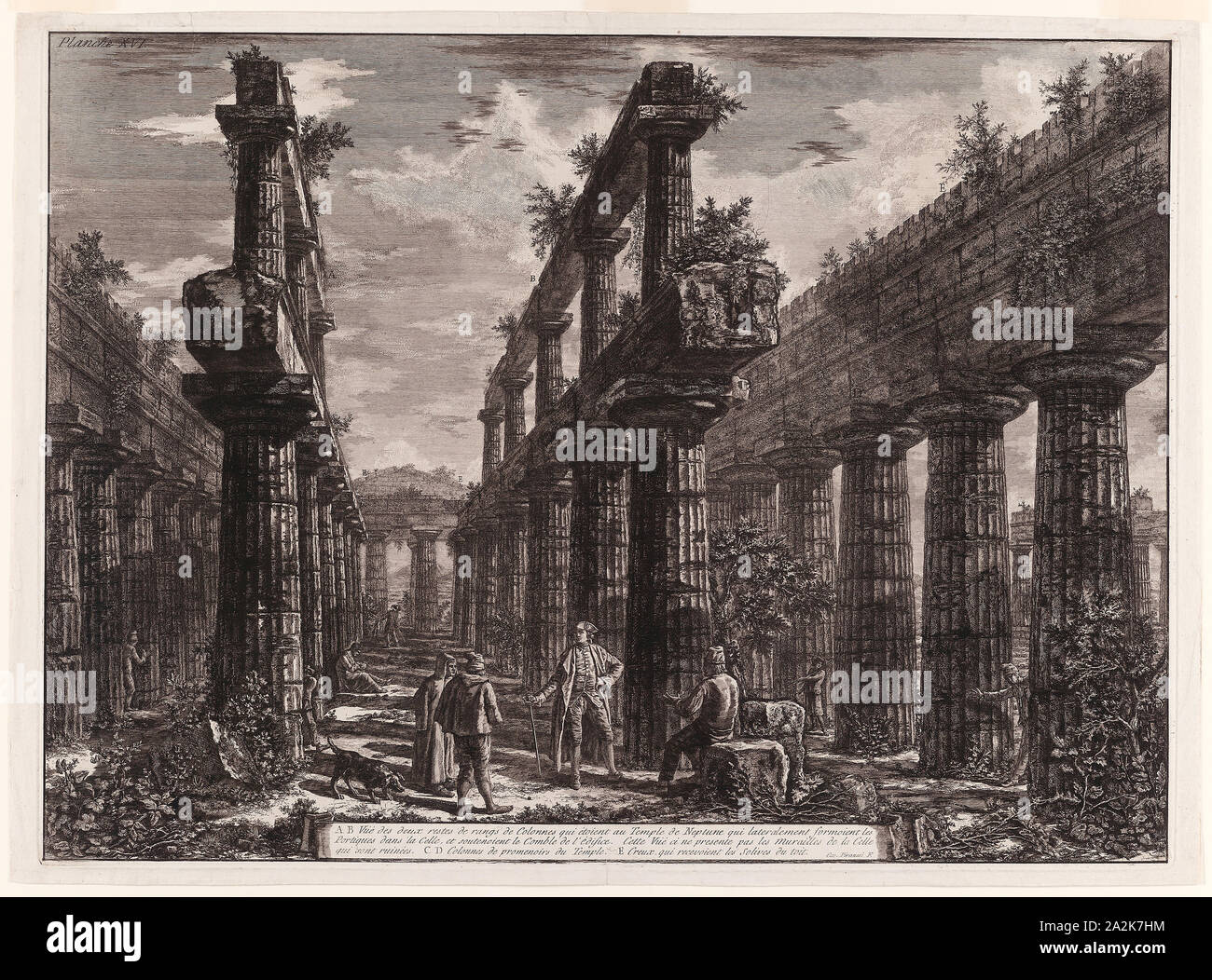 A., B. View of the remains of the two rows of columns in the Temple of Neptune which originally formed the colonnades along the sides of the cella, and supported the uppermost part of the roof, from Different views of Paestum, 1778, Giovanni Battista Piranesi, Italian, 1720-1778, Italy, Etching on ivory laid paper, 498 x 675 mm (image), 503 x 684 mm (plate), 525 x 715 mm (sheet Stock Photo