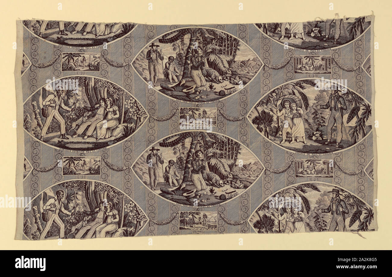 Paul et Virginie (Paula and Virginie) (Furnishing Fabric), after 1818, Engraved by Tony Johannot (German, active 1813-1852) and others after works by Jean Michel Moreau, the Younger (French, 1741–1814) and Jean Frederic Schall (French, 1752-1825) and others., Manufactured by Oberkampf Manufactory (French, 1738–1815), France, Jouy-en-Josas, France, Cotton, plain weave, engraved roller printed, 51.1 × 84.8 cm (20 1/8 × 33 3/8 in Stock Photo