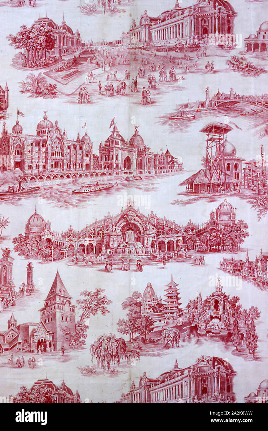 L’Exposition de 1889 (Exposition Universelle, 100th anniversary of French Revolution) (Furnishing Fabric), about 1890, France, Cotton, plain weave, copperplate printed, 184.6 × 86.3 cm (72 5/8 × 34 in Stock Photo