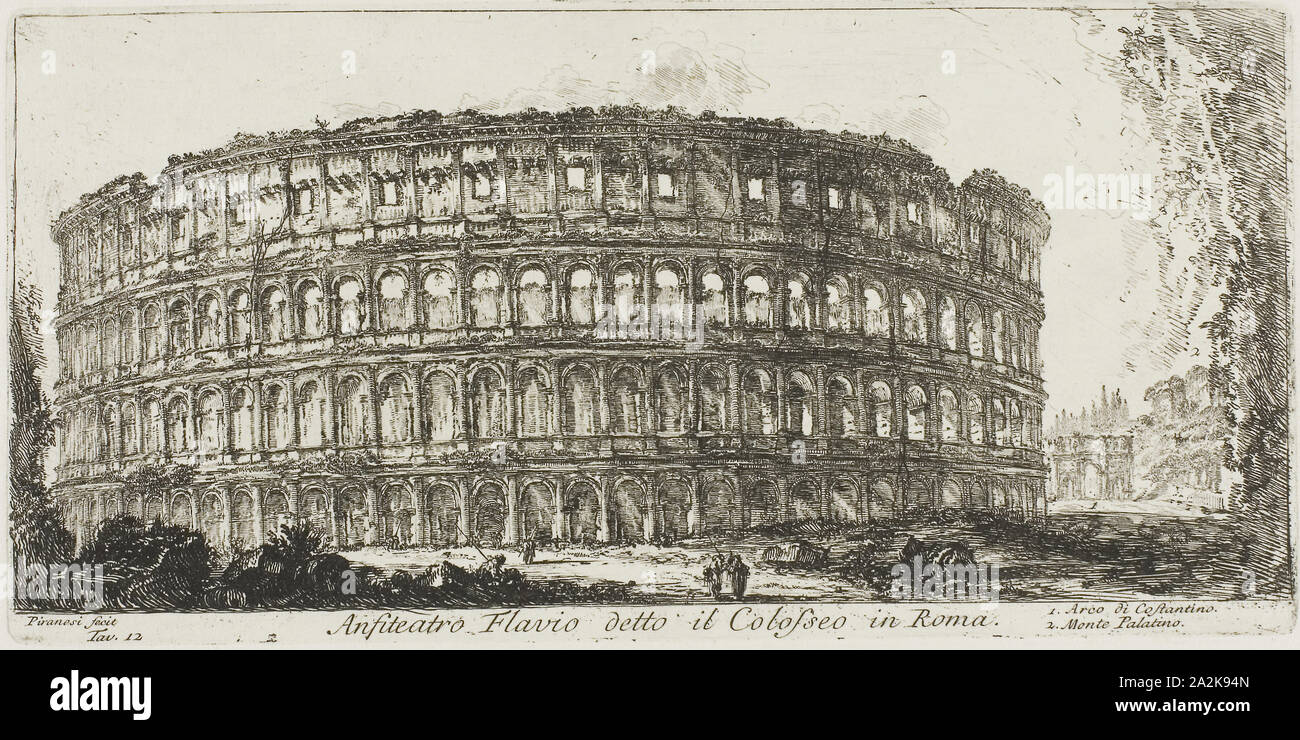 Flavian ampitheater, called the Colosseum. 1. Arch of Constantine. 2. Palatine Hill, plate 12 from Some Views of Triumphal Arches and other Monuments, 1748, Giovanni Battista Piranesi, Italian, 1720-1778, Italy, Etching on ivory laid paper, 126 x 269 mm (image), 134 x 271 mm (plate), 341 x 461 mm (sheet Stock Photo
