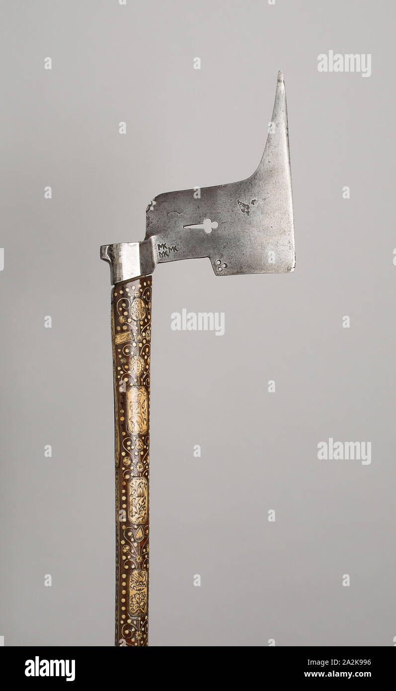 Miner’s Processional Axe, 1675, German, Saxony, Saxony, Steel, wood, and staghorn, L. 92.7 cm (36 1/2 in Stock Photo