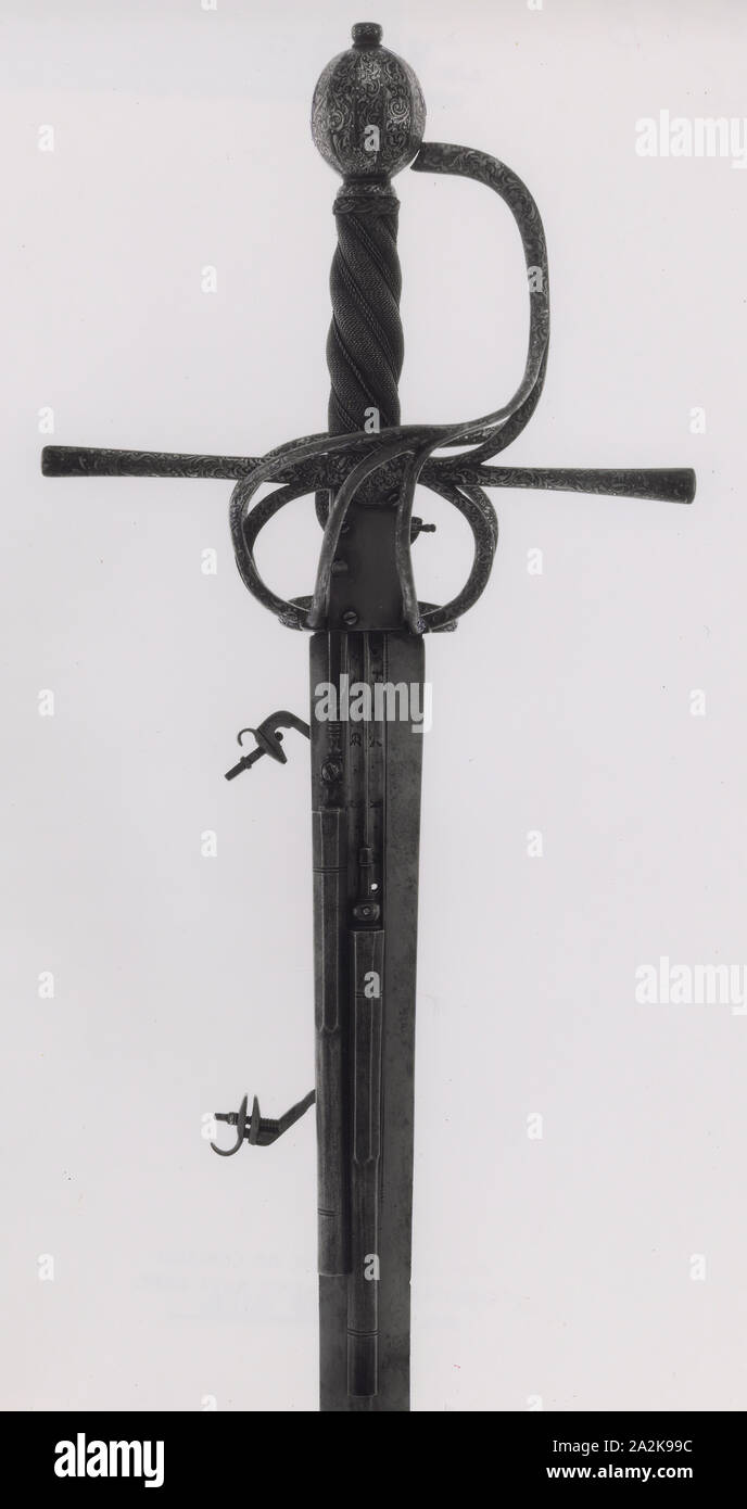 Rapier Combined with two Wheel-Lock Pistols, c. 1600, German, Bladesmith: Hernandez Sebastian, Germany, Steel, iron, brass, gold, silver, gilding, and wood, L. 111.8 cm (44 in Stock Photo