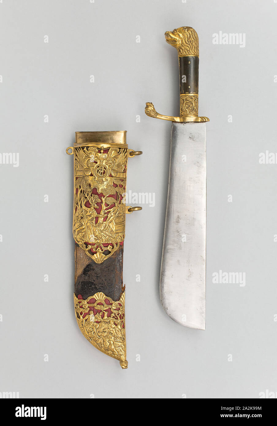 Hunting Cleaver (Waidpraxe) of Ernst August II Konstantin, Duke of Saxe-Weimar-Eisenach, 1755/58, German, Germany, Steel, bronze, gilding, horn, wood, leather, and silk, Cleaver: Overall L. 36.2 cm (14 1/4 in Stock Photo