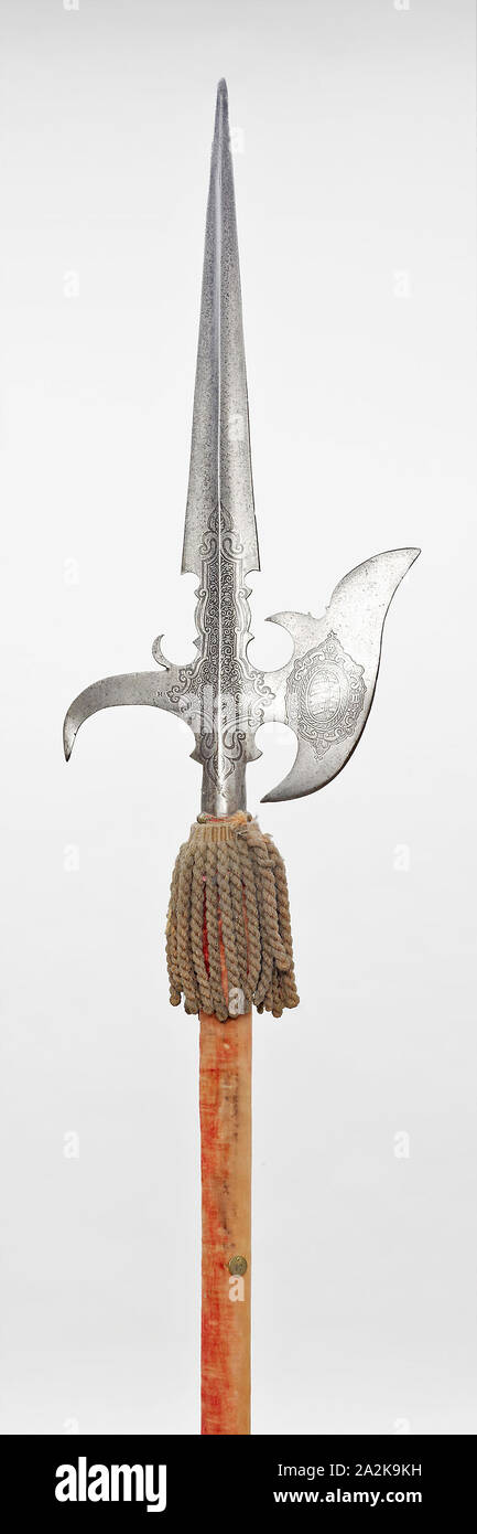 State Halberd, 1600/10, German, Saxony, Of the Guard of John George, Duke of Saxony (reigned as Elector 1611-56), Saxony, Steel, iron, wood, velvet, and attached tassel, Blade L. 55.9 cm (22 in Stock Photo