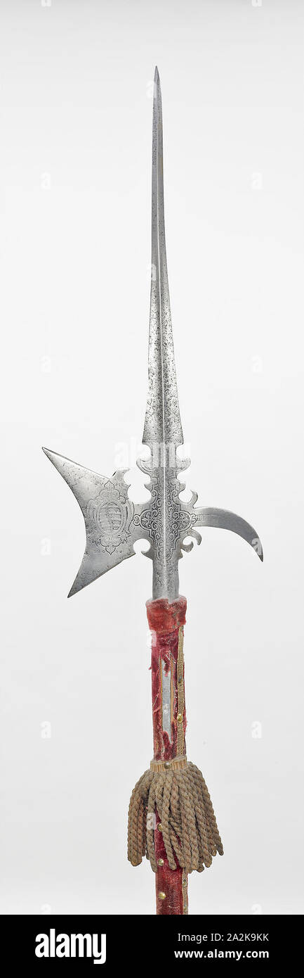State Halberd, 1609, German, Saxony, Of the guard of John George, Duke of Saxony (reigned as Elector 1611-56), Saxony, Steel, brass, wood, and velvet weave, attached tassel, Blade L. 68.5 cm (27 in Stock Photo