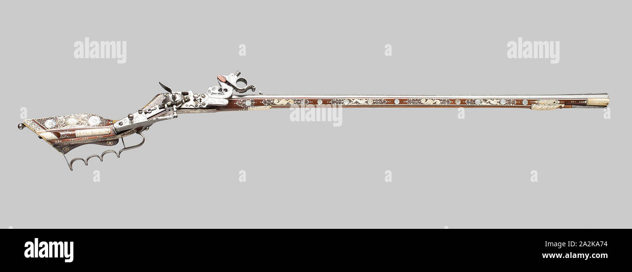 Wheellock Birding Rifle (Tschinke), 1640/60, Polish, Silesia, Teschen, Teschen, Steel, fruitwood, staghorn, bovine horn, and mother-of-pearl, L. 106.5 cm (41 7/8 in Stock Photo