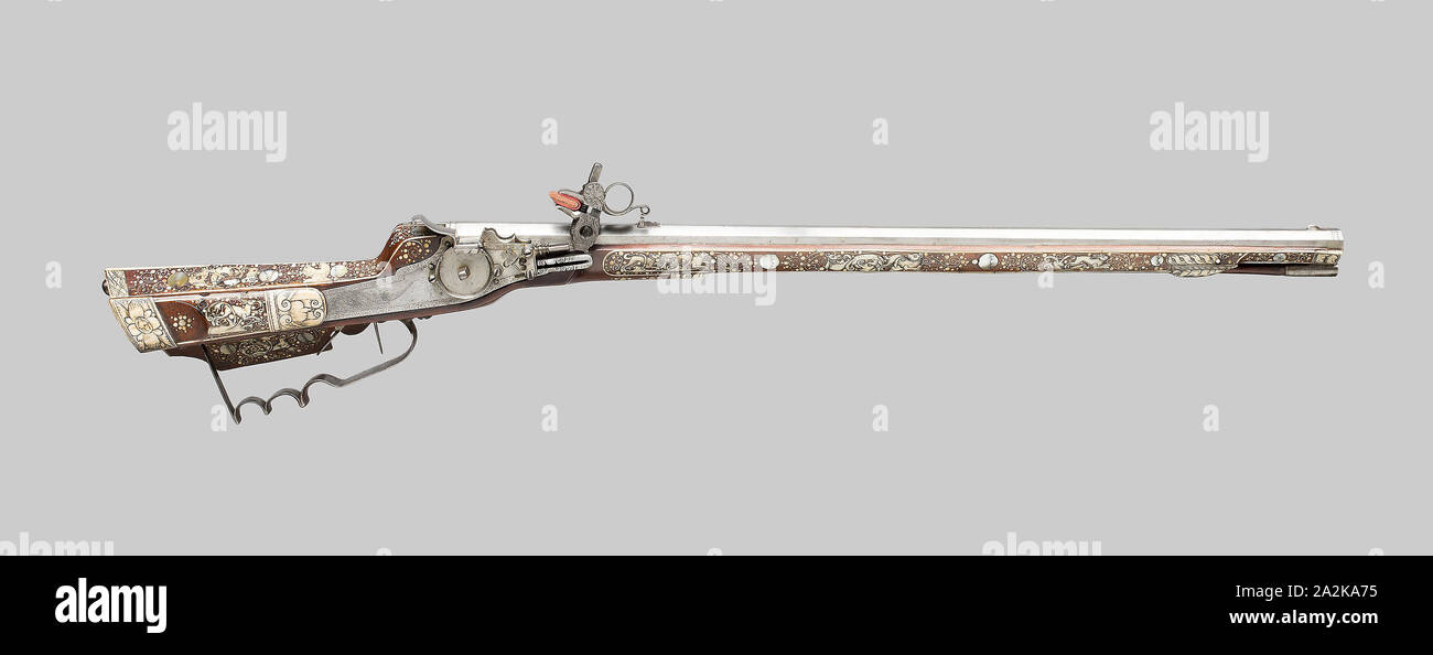 Wheellock Rifle, first half of 17th century, Silesia (present day Poland), Germany, Iron, silver, fruitwood, staghorn, and mother-of-pearl, L. 89.5 cm (35 1/4 in Stock Photo