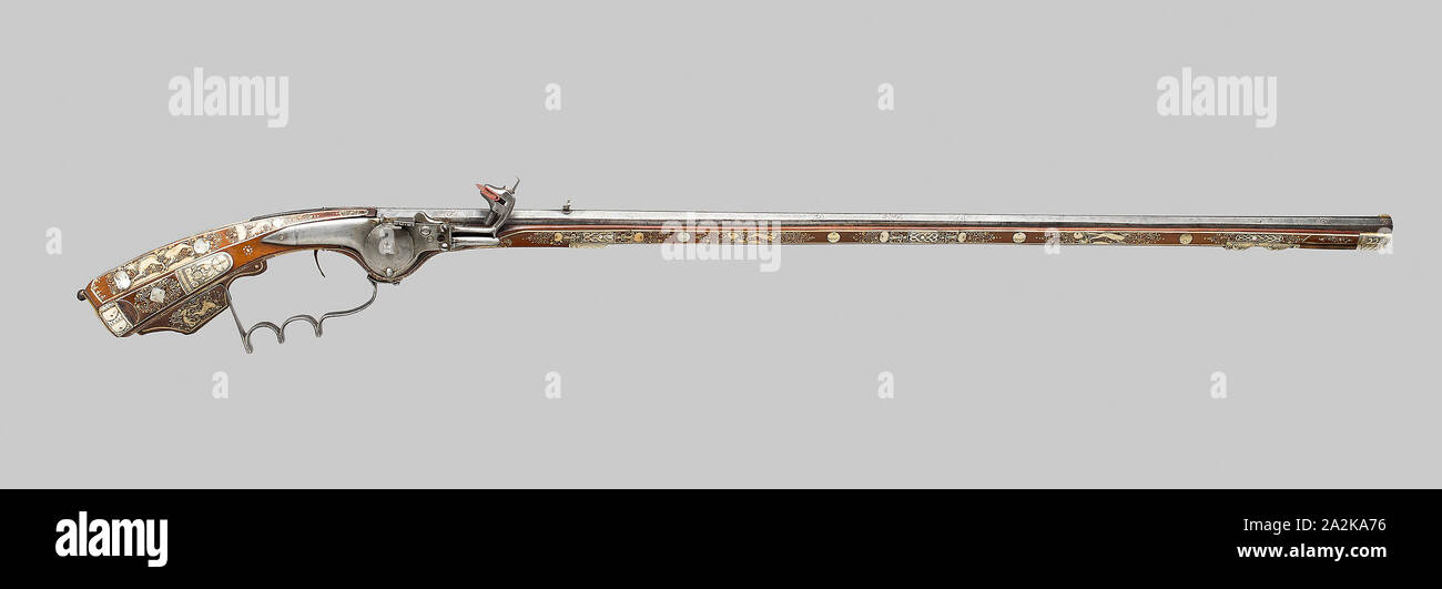 Wheellock Birding Rifle (Tschinke), 1650/60, Polish, Silesia, Teschen, Silesia, Steel, fruitwood, staghorn, bovine horn, mother-of-pearl, L. 108.5 cm (42 3/4 in Stock Photo