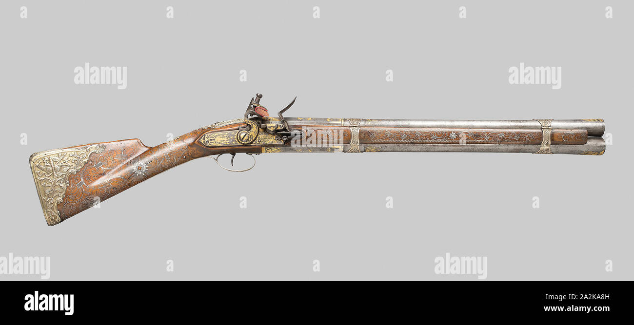 Double-Barreled Flintlock Blunderbuss, 1800, Russian, Russia, Walnut, iron, gold, and silver, L. 72.3 cm (28.5 in Stock Photo