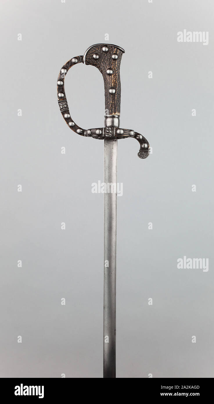 Boar Sword, 1650/60, German, Germany, Steel, staghorn, and iron, Overall L. 97 cm (38 1/2 in Stock Photo